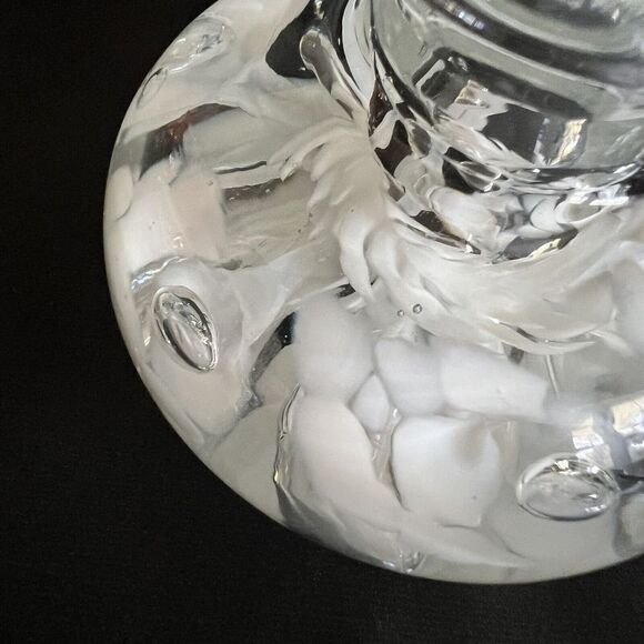 Vintage Joe St. Clair Art Glass White Clear Flower Paperweight Candle Holder - Picture 5 of 8